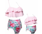 Girls' Swimsuit Two Piece Women's Bikini Set Mother and Daughter Ruffle Swimwear-Pink and Flower