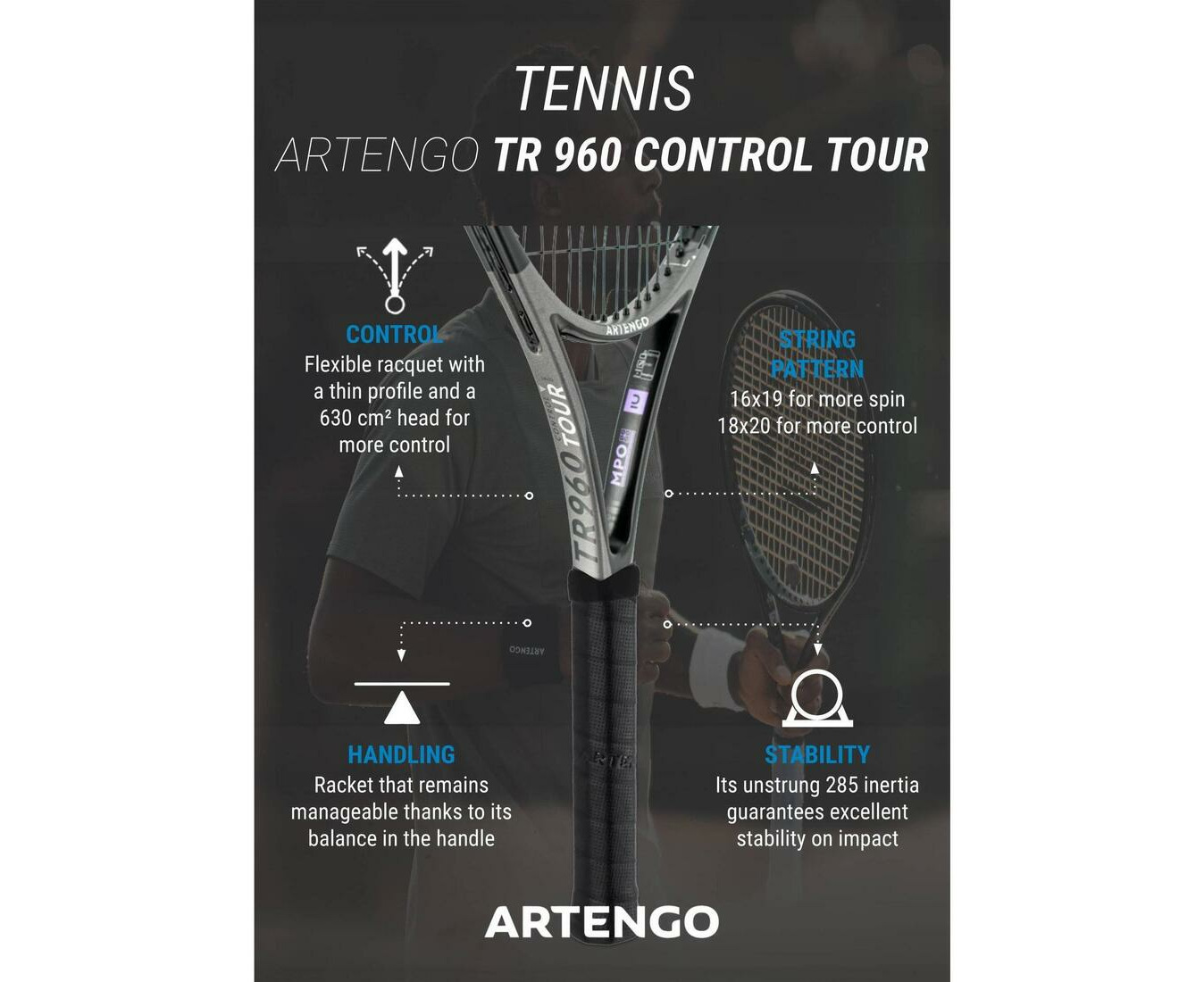 DECATHLON ARTENGO Adult Unstrung Tennis Racket TR960 Control Tour