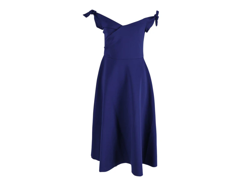 Saloni Ruth Off The Shoulder Neoprene Midi Dress in Blue Polyester - Blue