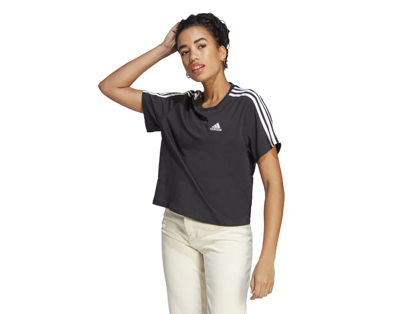 Adidas Women's Essentials 3-Stripes Cropped Tee / T-Shirt / Tshirt - Black/White