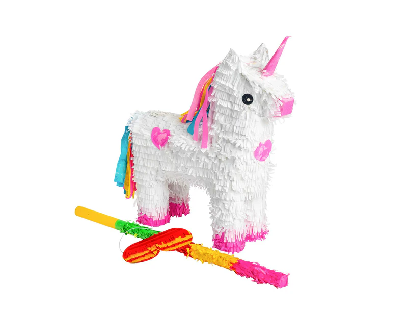 1x White Unicorn Pinata with Stick & Blindfold - Children's Birthday Parties Hanging Game Decoration | Ideal for Sweets, Confetti - By Fax Potato