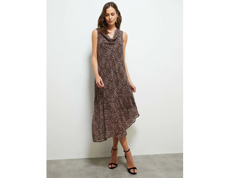 Womens - Cowl Neck Printed Dress - Natural