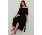 KATIES - Womens Dress -  Elbow Sleeve Lace Trim Maxi Dress - Black