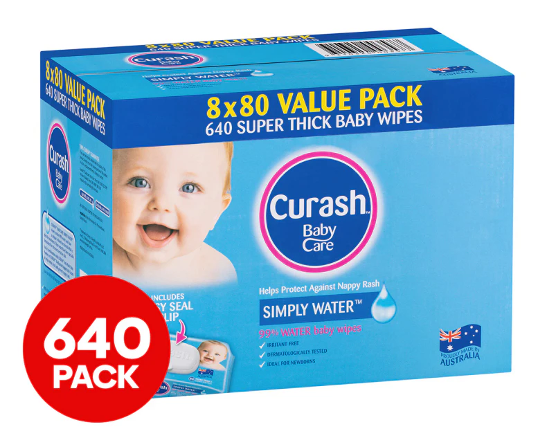 8 x 80pk Curash Simply Water Baby Wipes