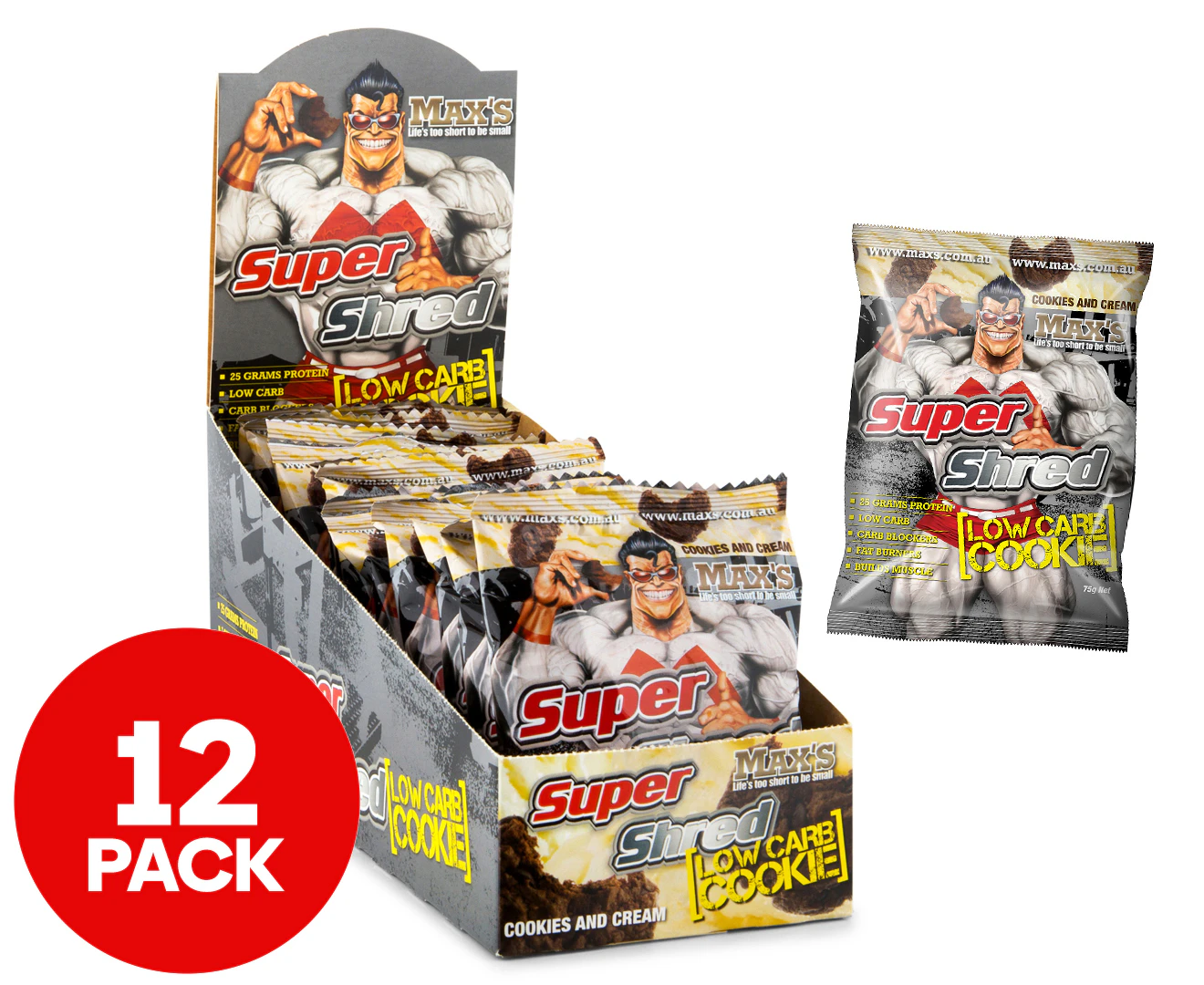 12 x Max's Super Shred Low Carb Cookie 75g - Cookies & Cream