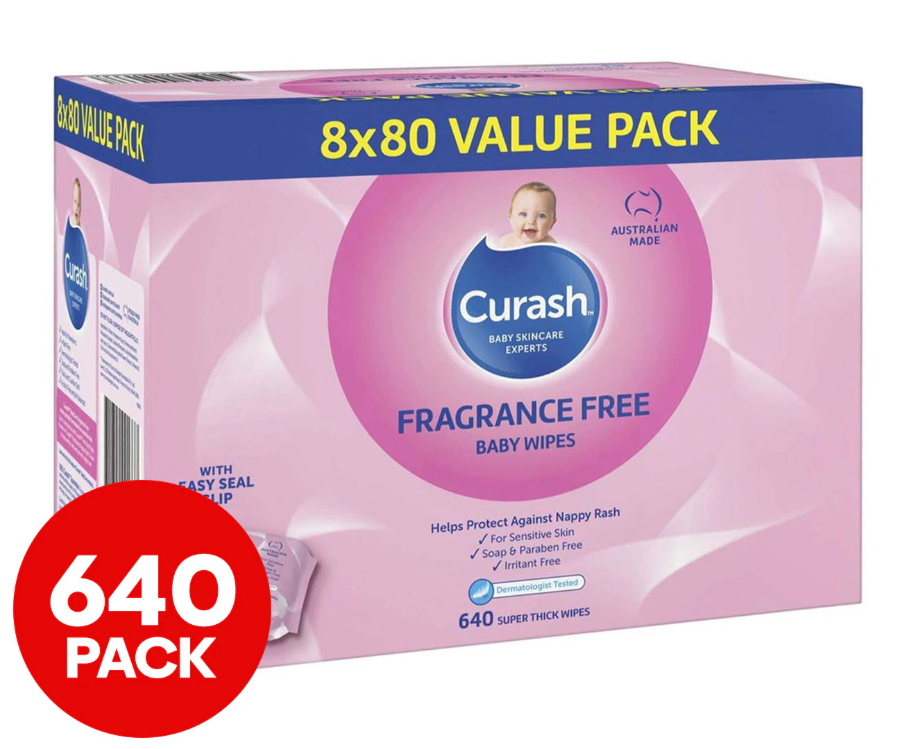 8 x 80pk Curash Fragrance Free Baby Wipes