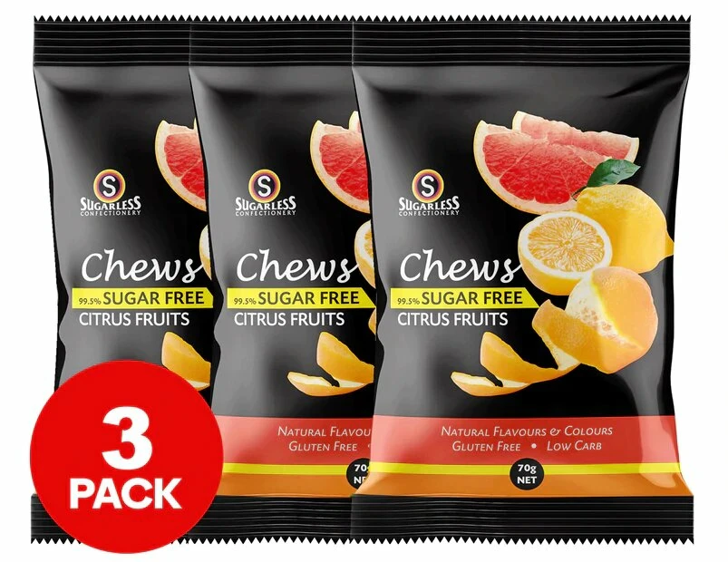 3 x Sugarless Confectionery Citrus Fruit Chews 70g