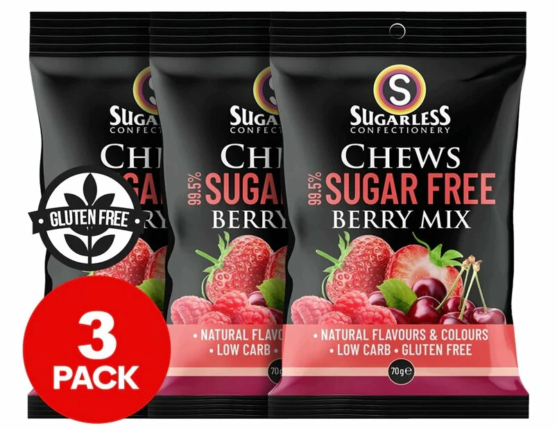 3 x Sugarless Confectionery 95.5% Sugar Free Chews Berry Mix 70g