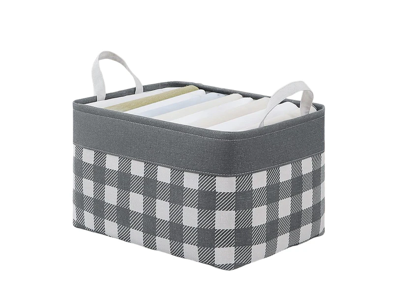 Fabric Storage Basket Folding Large Capacity Plaid Home Clothes Socks Storage Box Kids Toys Organizer with Handles Household Supplies-Grey L