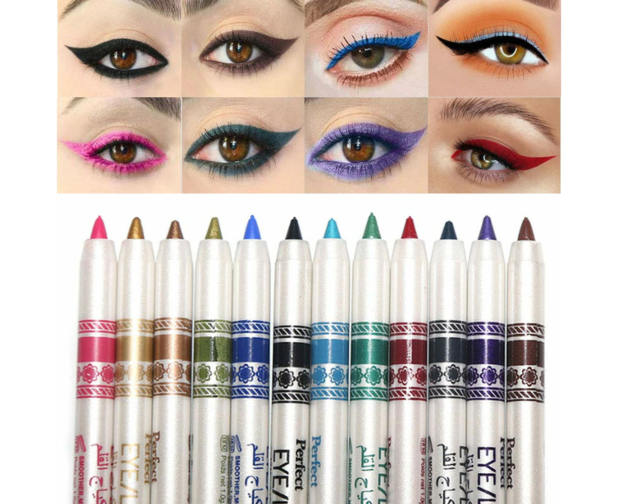 12Colors Matte Eyeliner Pencils Pens Set ,Bright Light Blue Red Purple Green Black Colored Colorful Eyeliner Sets, Pearl Metallic Glitter Eyeliner