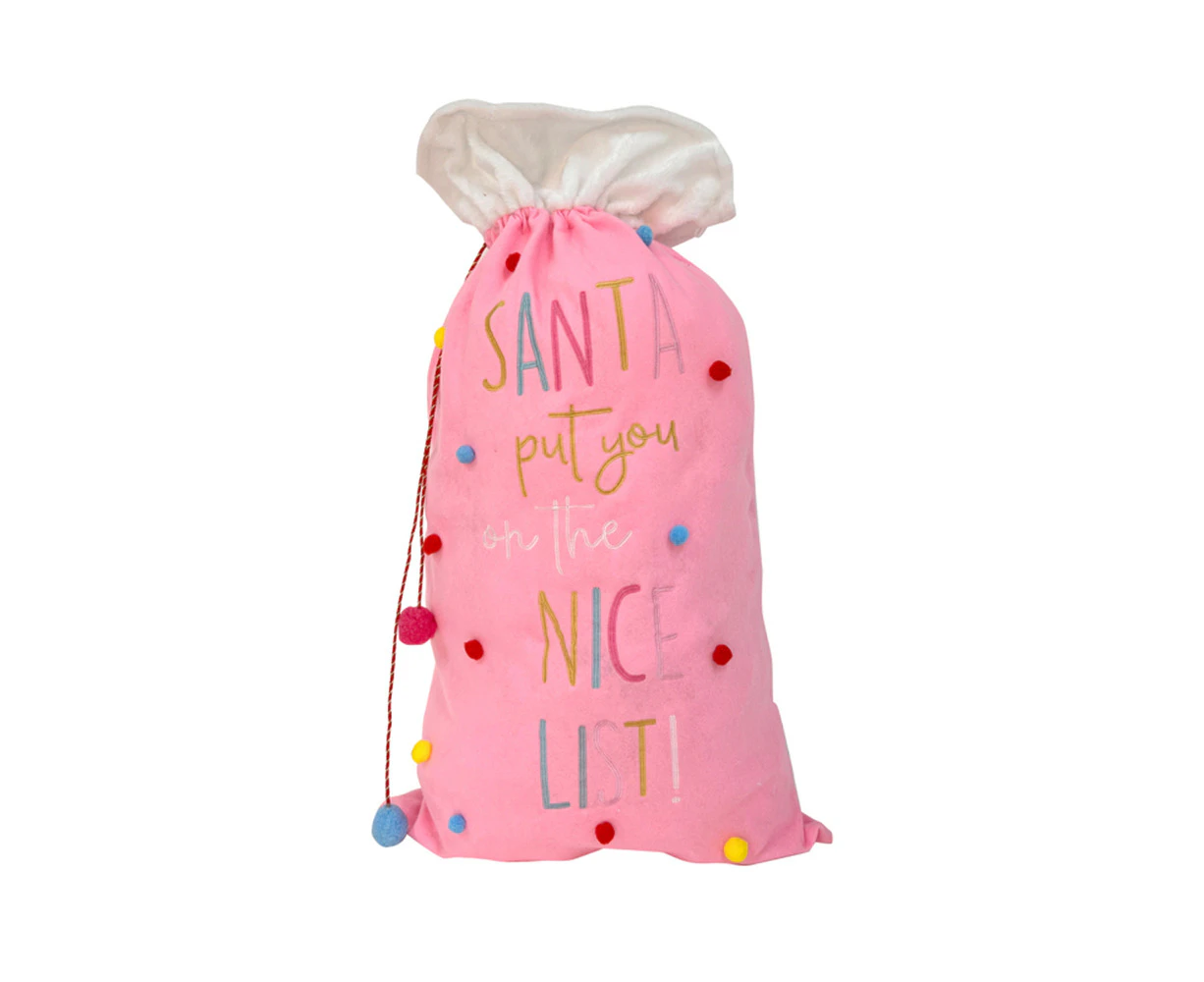 Colours Of Christmas 100x60cm Xmas Velvet Santa Sack w/ Pom Pom Ornament Pink