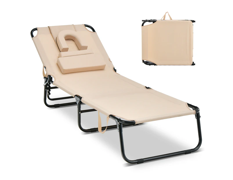 Costway Foldable Reclining Sun Lounger Bed Outdoor Deck Chairs Recliner Oxford Fabric Head Cushion, Pool Patio Backyard, Beige