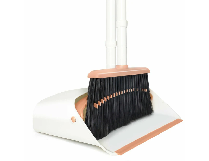 Broom and Dustpan Set Long Handle Soft Bristles Stand Up Store for Home Kitchen Orange
