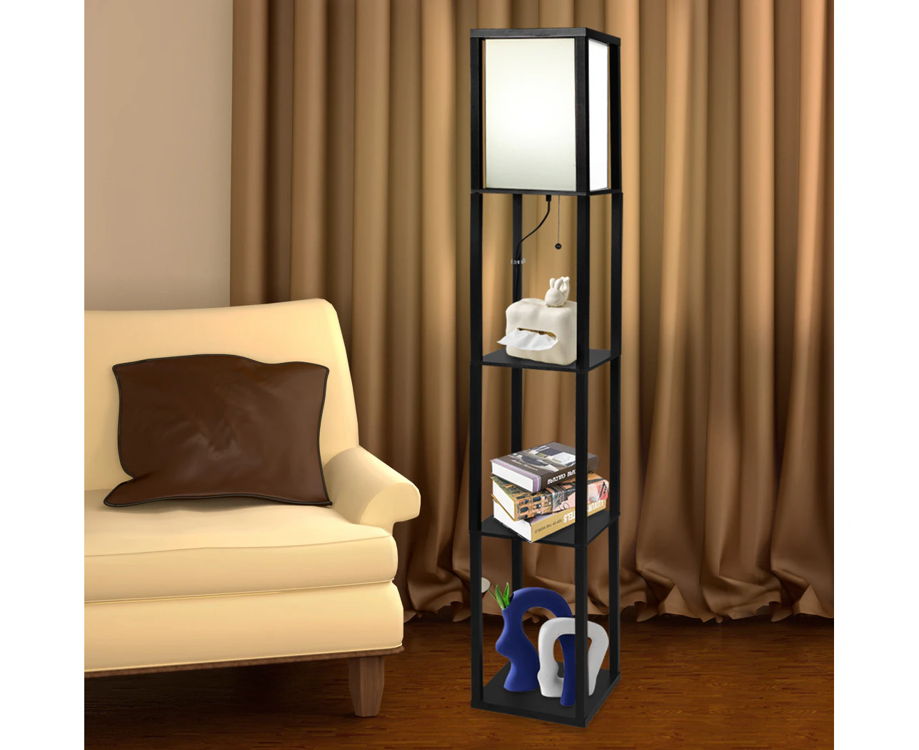 Emitto Floor Lamp Storage Shelf LED Wood Standing Reading Corner Light Black