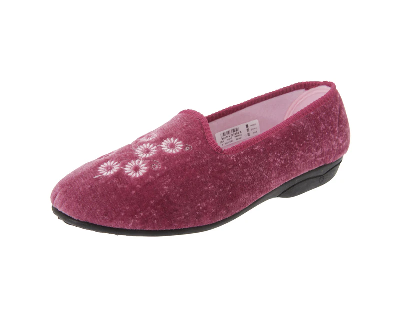 Zedzzz Womens Cathy Floral Embroidered Velour Slippers (Heather) - DF494