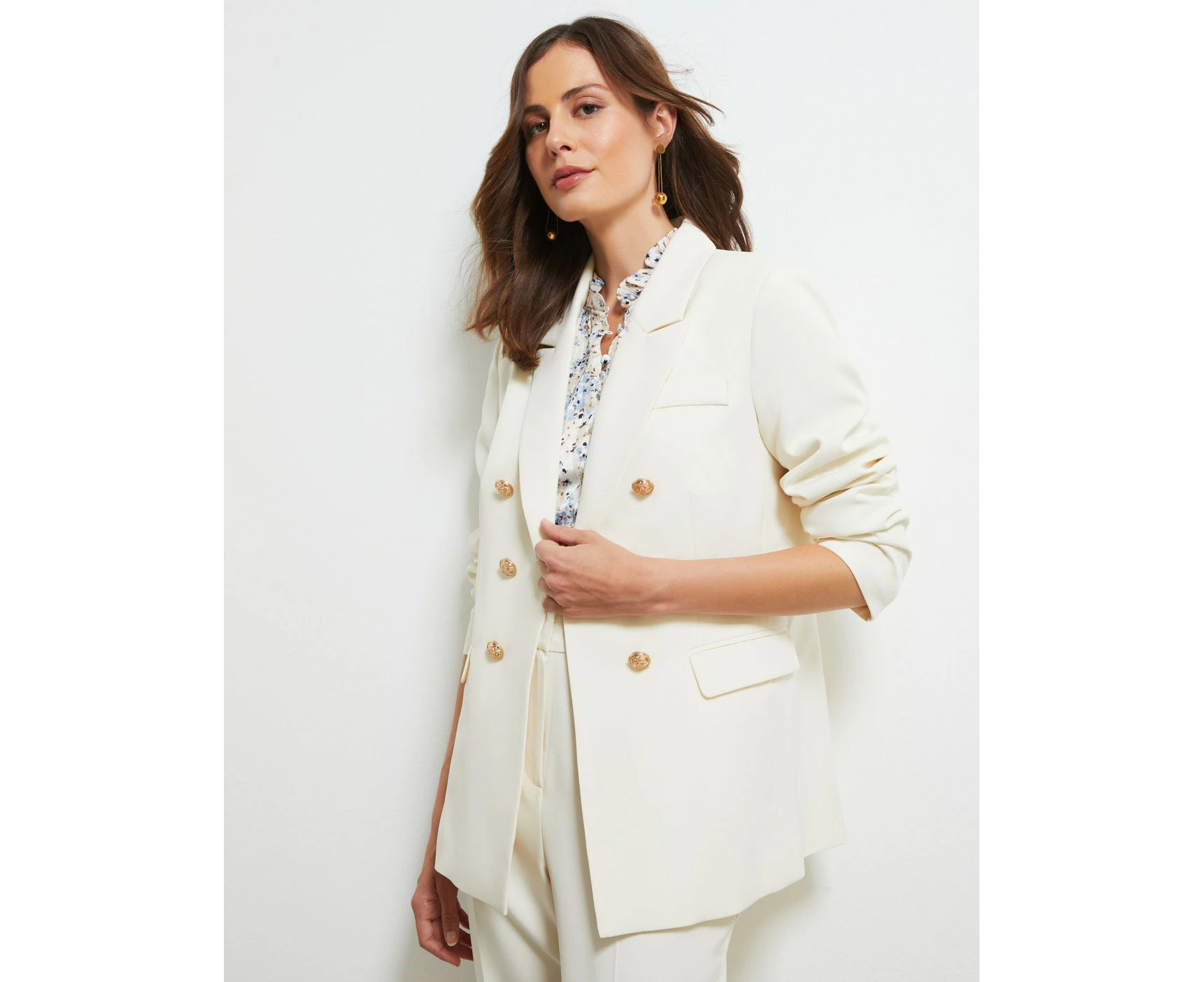 LIZ JORDAN - Womens Long Linen Coat - White Summer Jacket - Button - Casual - Long Sleeve - Antique White - Blazer - Lightweight - Office Work Wear