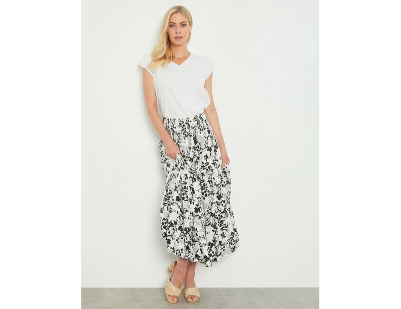 NONI B - Womens Skirts - Maxi - Summer - White - Paisley - A Line - Fashion - Oversized - Shirred Waist - Long - Casual Work Clothes - Office Wear - White