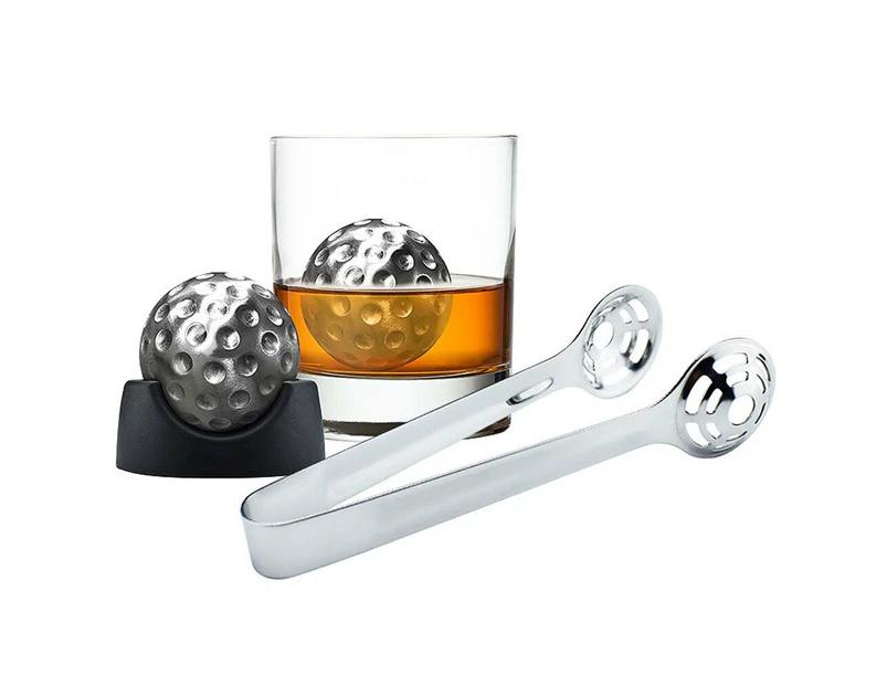 6pc Avanti Ice Golf Ball Set Whiskey Stainless Steel Stone/Stand w/ Tongs Silver