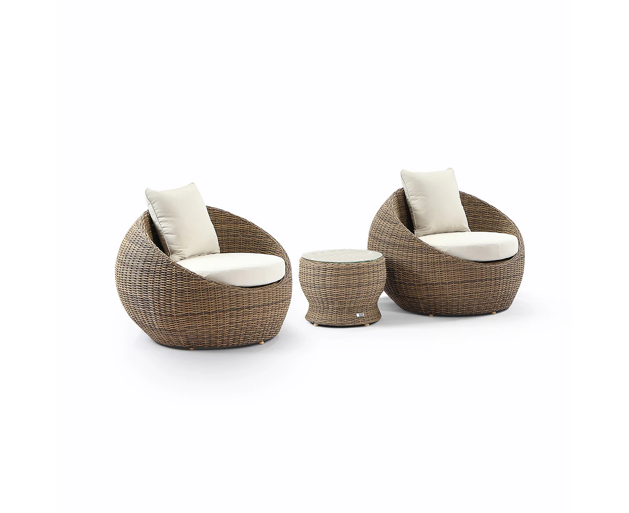 Outdoor Newport Outdoor Wicker Lounge 2 X Arm Chair With Side Table - Kimberly - Outdoor Wicker Lounges - Brushed Wheat wicker with Cream cushions