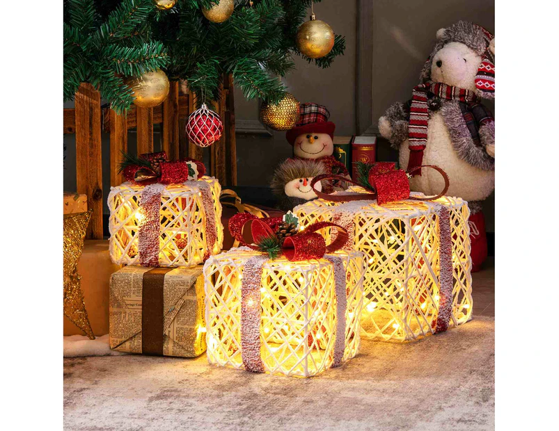 Costway 3PCS Christmas Lighted Gift Boxes Red Bowknots Present Xmas Ornament w/60 LED Porch Yard