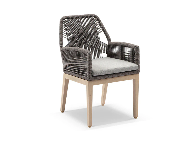 Outdoor Hugo Outdoor Aluminium And Rope Dining Chair In Light Oak Timber Look - Outdoor Chairs - Walnut Rope with Beige Cushion