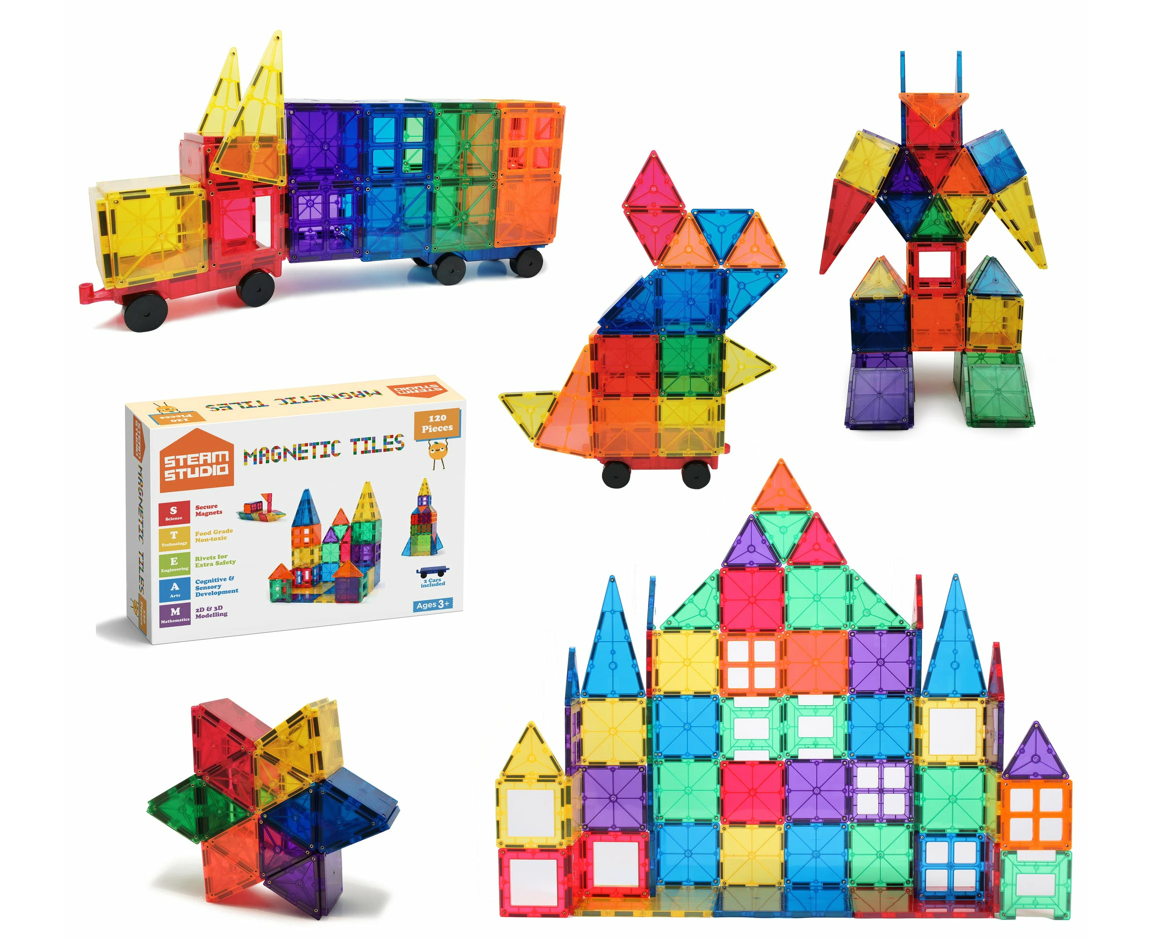 STEAM STUDIO Magnetic Tiles 120pcs set, including 2 cars