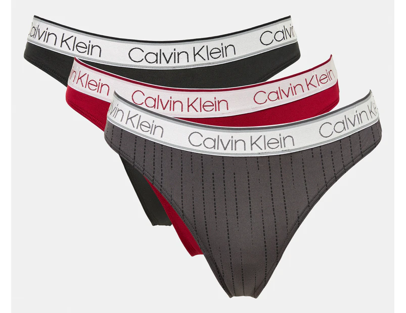 Calvin Klein Women's Chromatic Thong 3-Pack - Black/Red Carpet/Chalk Stripe Grey