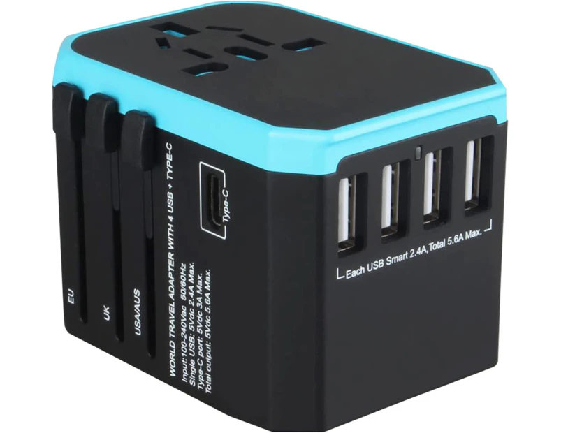 Universal Travel Adapter International Plug Adapter 5.6A Smart Power 3.0A 4 USB 1 Type C Outlet Converter Worldwide US to Europe EU UK  -Blue