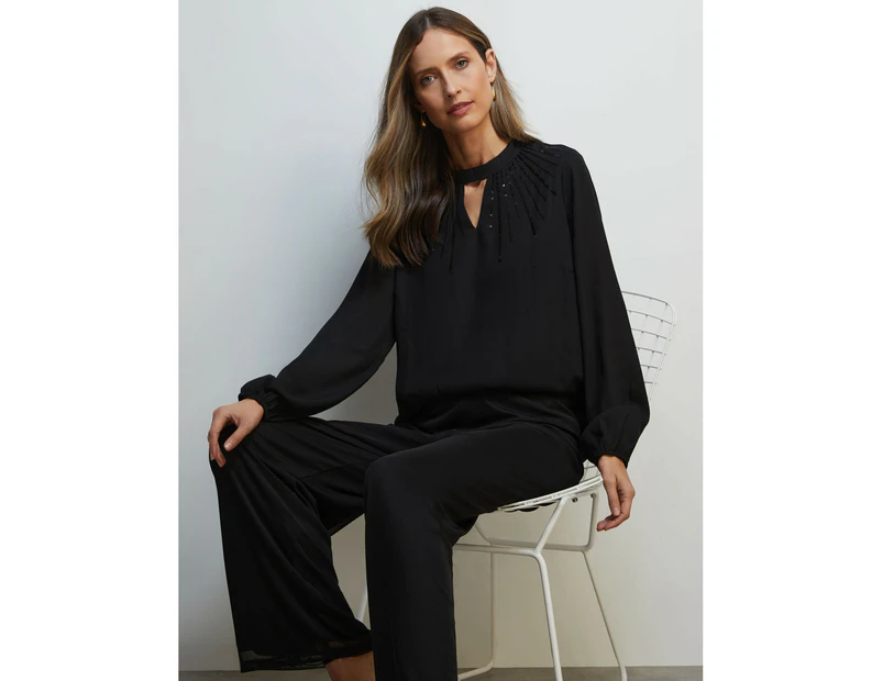NONI B - Womens Summer Tops - Black Blouse / Shirt - Casual Fashion Clothes - Relaxed Fit - Long Sleeve - Crew Neck - Regular - Sequin - Work Wear - Black