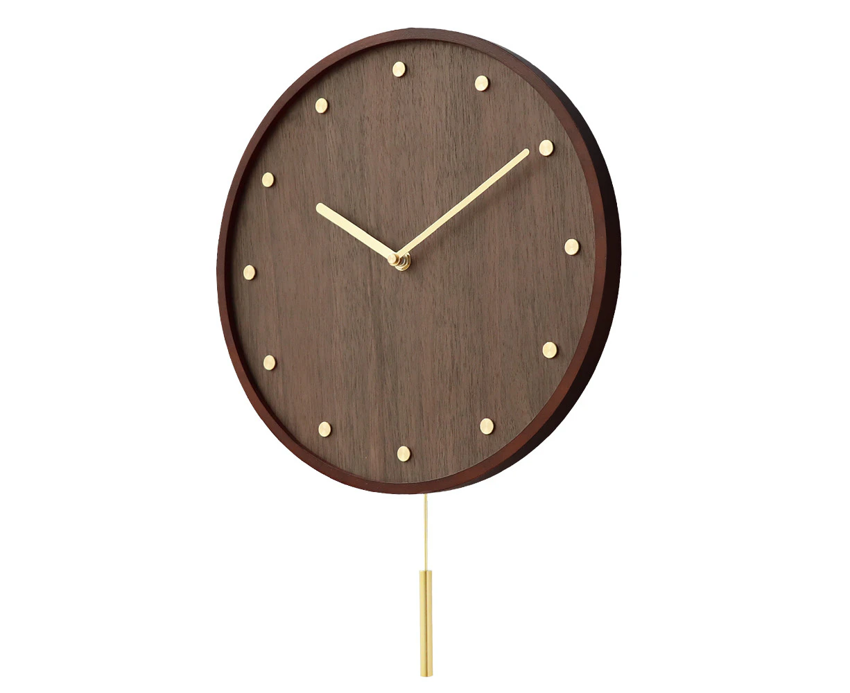 Furb Wall Clock with Pendulum Wood Round Wall Clocks Silent Non-Ticking Battery Operated Decor 30CM