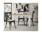 Oikiture 2PCS Crossback Dining Chair Solid Birch Timber Wood Ratan Seat Black