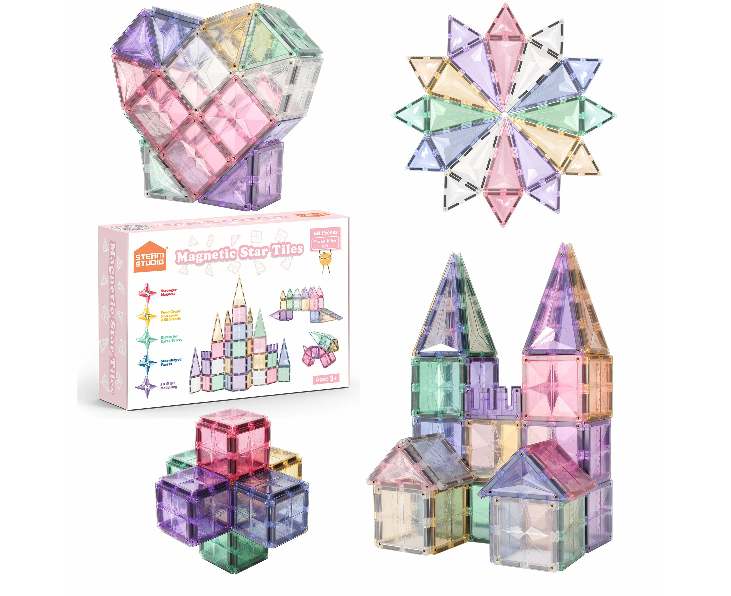 STEAM STUDIO Premium Magnetic Tiles 68pcs set, Pastel and Ice Set Star Facets