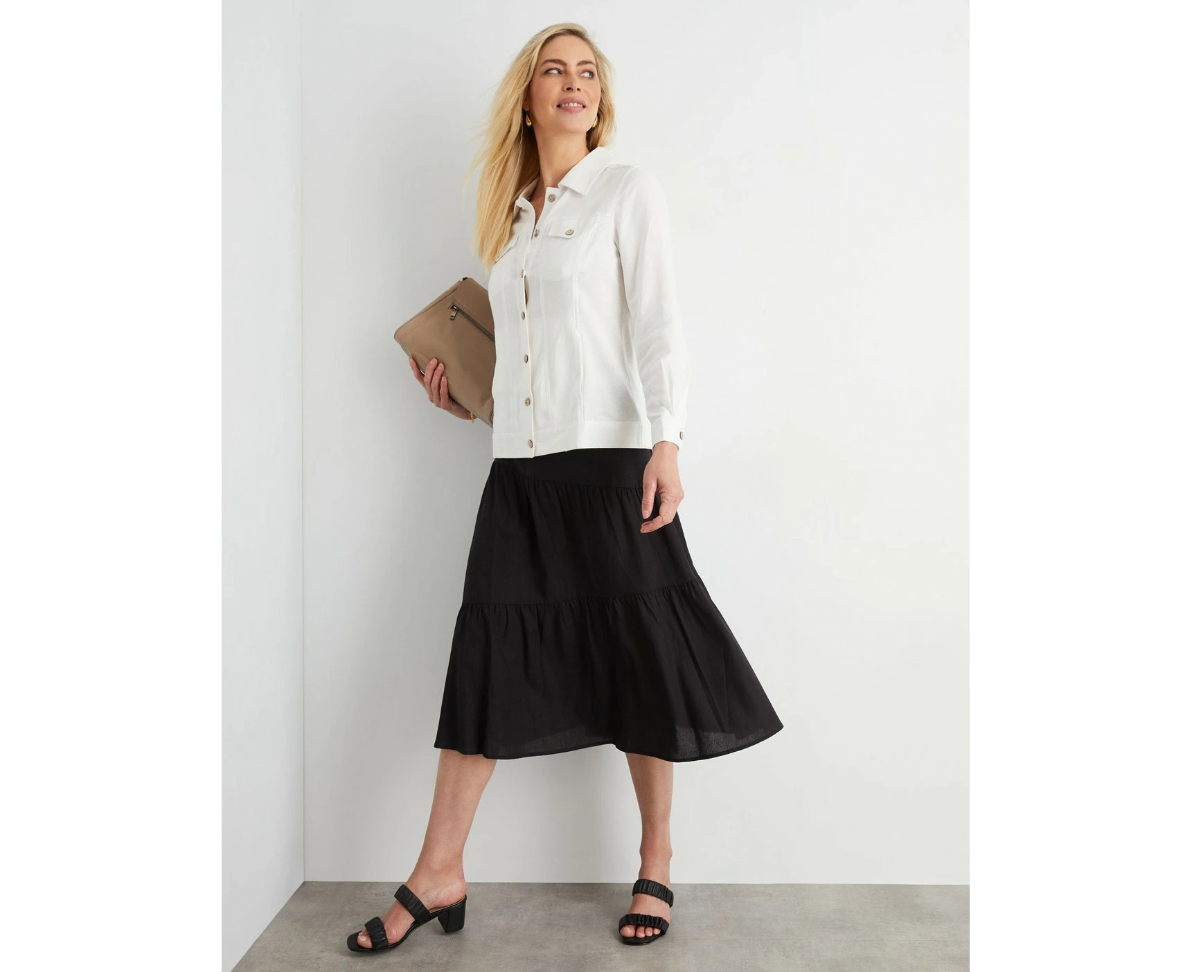 Noni B - Womens Skirts - Midi - Summer - Black - Linen - A Line - Casual Fashion - Relaxed Fit - Tiered - Knee Length - Work Clothes - Office Wear