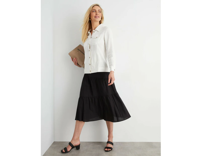 NONI B - Womens Skirts - Midi - Summer - Black - Linen - A Line - Casual Fashion - Relaxed Fit - Tiered - Knee Length - Work Clothes - Office Wear - Black