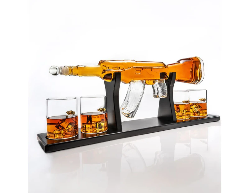 Limited Edition 800ml Elegant Rifle Gun Whiskey Decanter with 4 Bullet Whiskey Glasses and Mahogany Wooden Base