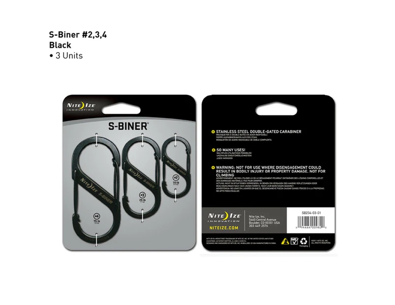 S-Biner Dual Carabiner Combo S/S - 3 Pack (#2, #3, #4) - Black