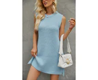 Spring and Autumn new women's solid color sleeveless round neck knit dress fashionable commuter split dresses-blue