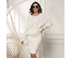 Women's High Neck Long Sleeve Loose Bat Sleeve Long Pullover Sweater Dress Oversized Sweater Dress Soft Winter Pullover Dresses-White