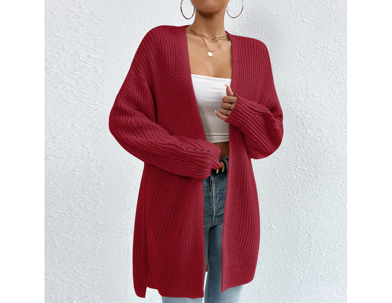 Women's casual v-neck solid color cardigan knitted cardigan solid color side split loose jacket long-sleeved medium-length jacket-Blushing Candidels