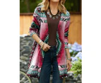 Women's Ethnic Style Printed Cardigan Tops Vintage Casual Printed Long Sleeve Shirt Cardigan Tops Jacket-red
