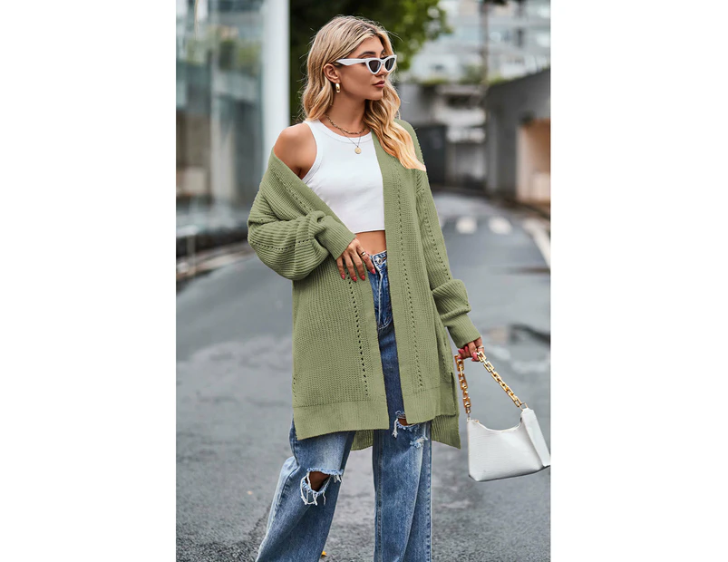 Women's Autumn solid color knitted cardigan medium-length double pockets casual wind loose jacket outerwear even cardigan-green