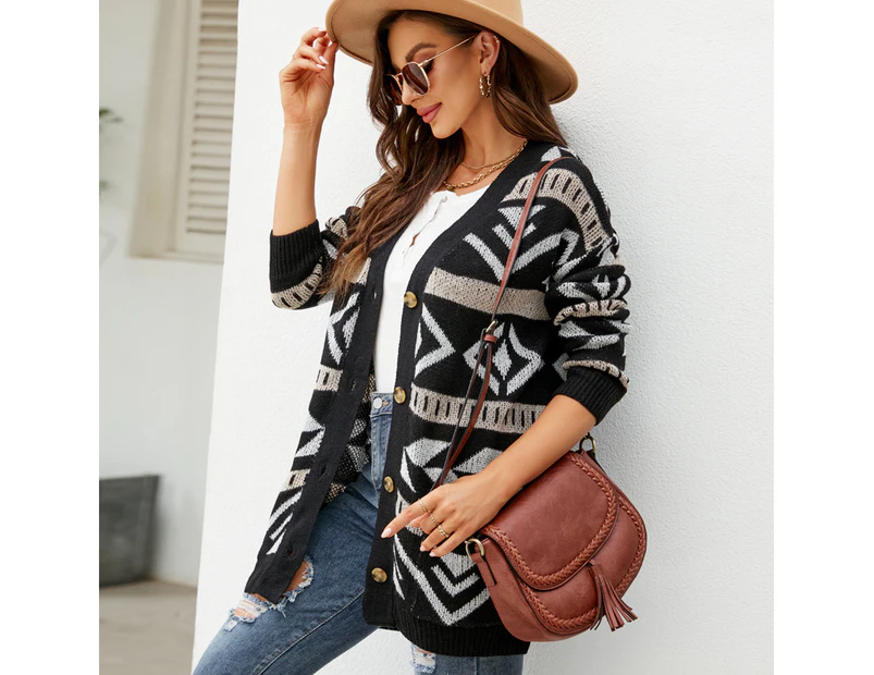 Women's fall and winter sweater women cardigan diamond plaid single-breasted casual top loose in the long knitted cardigan-black