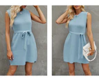 Spring and Autumn new women's solid color sleeveless round neck knit dress fashionable commuter split dresses-grey