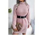 Women's Button High Collar Long Lantern Sleeve Sweater Dress Fall Winter Casual Ribbed Knit Pullover Dresses-White