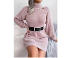 Women's Button High Collar Long Lantern Sleeve Sweater Dress Fall Winter Casual Ribbed Knit Pullover Dresses-pink
