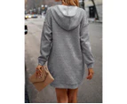 Women's Hooded Long Version Sweatshirt Dress Casual Long Sleeve Solid Color Button Pullover Sweatshirt Drawstring Hoodie Dresses-grey