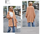 Women's Autumn solid color knitted cardigan medium-length double pockets casual wind loose jacket outerwear even cardigan-White apricot