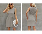 Spring and Autumn new women's solid color sleeveless round neck knit dress fashionable commuter split dresses-pea green