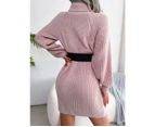 Women's Button High Collar Long Lantern Sleeve Sweater Dress Fall Winter Casual Ribbed Knit Pullover Dresses-White
