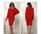 Women's High Neck Long Sleeve Loose Bat Sleeve Long Pullover Sweater Dress Oversized Sweater Dress Soft Winter Pullover Dresses-red